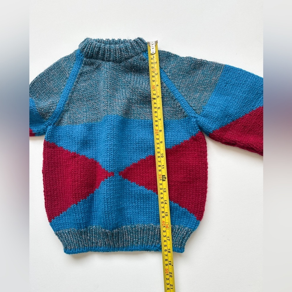Retro Vibe Hand-knit Crewneck Sweater Blue/Burgundy - Size 3-4T - Picture 4 of 4